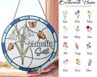 Personalisierte Geburtsblume Glasmalerei, Geburtsmonat Blumenfensterbehang, Geburtsblumengedenkgeschenk, Geschenk für Mutter, Geburtstagsgeschenk