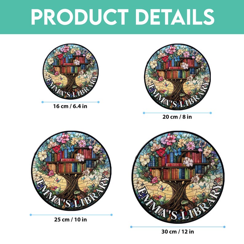 May include: Four round, colorful, stained glass wall plaques with a tree design and the text "Emma's Library". The plaques are available in four sizes: 6.4 inches, 8 inches, 10 inches, and 12 inches.