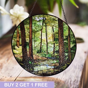 Forest Stream Stained Glass Window Panel - Nature-Inspired Woodland Art Decor