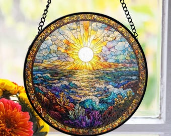 Attrape-soleil en vitrail coucher de soleil sur l'océan, décoration de fenêtre côtière, décoration de vagues de plage, accent marin de maison, cadeau pour amoureux de la mer, cadeau de plongeur
