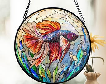 Betta Fish Stained Glass Suncatcher, Vibrant Window Decor, Underwater Ocean Theme, Nature Lover Gift, Mom Gift, Gift For Her