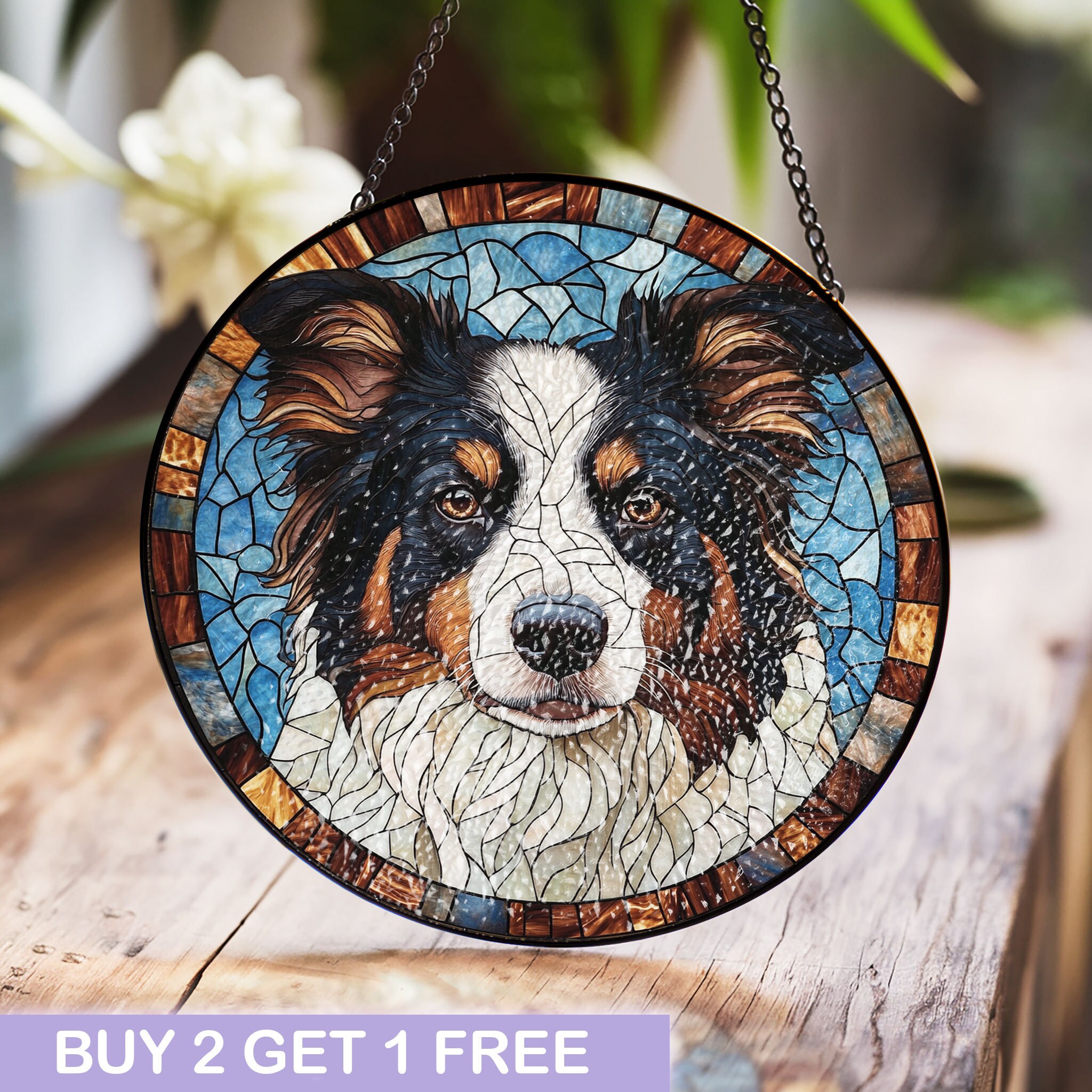 オーストラリアン シェパードのステンドグラス パネル – ご自宅や