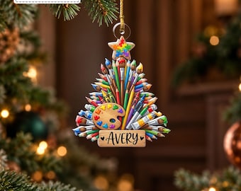 Custom Art Supplies Tree Colored Pencils Paint Tubes Palette Bauble, Creative Student Art Teacher Pendant, Gift for Painter