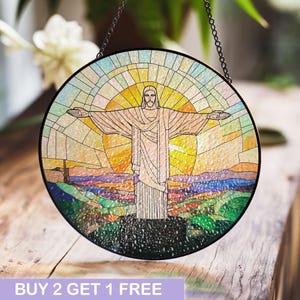 Christ the Redeemer Stained Glass Art Panel with Radiant Sunrise Background, Perfect for Wall or Window Display