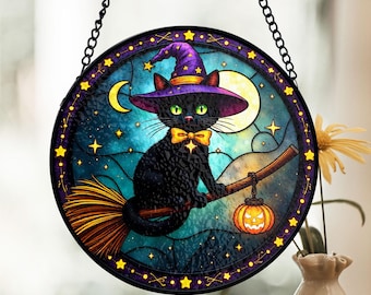 ハロウィンに　ステンドグラス　モビール(黒猫、魔女、おばけ) 温室の黒猫：ステンドグラス風クリスマスオーナメント - 本物のガラス