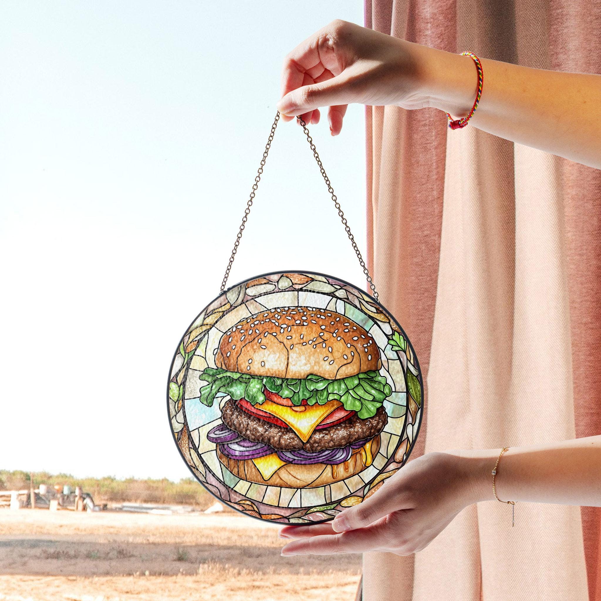 ハンバーガー ステンドグラス サンキャッチャー、レトロなダイナー