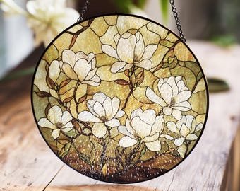 Panel de vidrieras Magnolia, elegantes flores blancas para la decoración de ventanas.