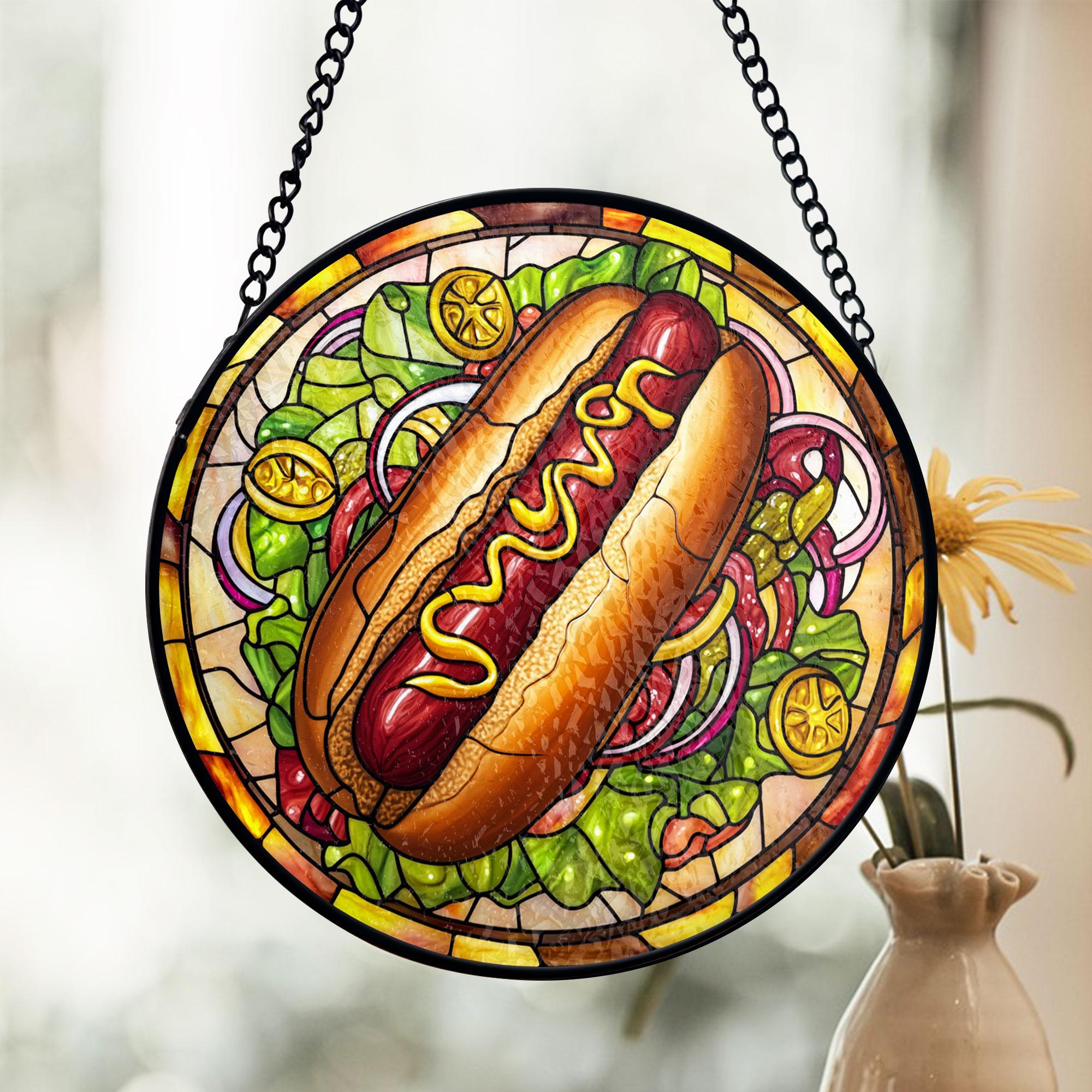 Hot Dog Stained Glass Suncatcher, Retro Diner Kitchen Decor, Fast Food Lover Gift, Vintage Foodie Window Hanging, Fun Mom Gift