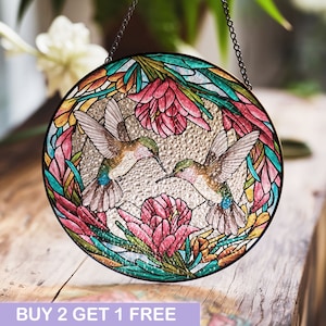 Stained Glass Hummingbird Suncatcher – Floral and Bird Window Hanging Art