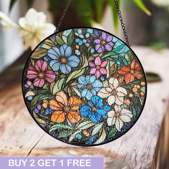 Handmade Stained Glass Sun Catcher - 12" Round Floral Panel With 20" Chain, Vibrant Tiffany-Style Window Hanging - View #5