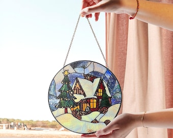 Acchiappasole In Vetro Colorato Con Scena Invernale | Decorazione Da Finestra Con Montagne E Alberi | Regalo Donna Compleanno 24,9 Cm