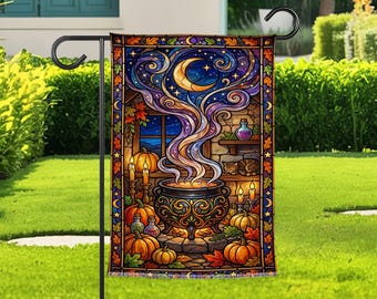Magical Halloween Garden Flag, Witch Cauldron Yard Flag, Moon And Pumpkins Outdoor Decor, Spooky Autumn Porch Garden Banner