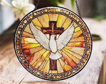 Holy Spirit Stained Glass Suncatcher, Cross & Dove Suncatcher, Religious Window Art, Christian Stained Glass, Faith-Based Gift