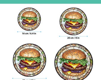 ハンバーガーのステンドグラスサンキャッチャー、レトロなダイナー風
