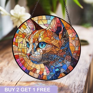 Vibrant Cat Stained Glass Window Art - Colorful Round Mosaic Panel