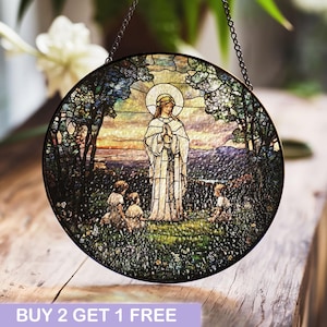 Virgin Mary Stained Glass Panel, Religious Art for Window Decor