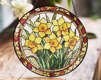 Stained Glass Daffodils Suncatcher – Vibrant Floral Window Hanging Art for Home and Garden Decor