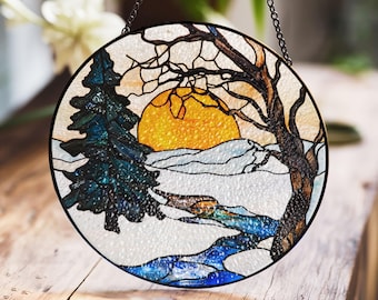 手作りステンドグラスの冬景色サンキャッチャー：雪景色の装飾 - Etsy 日本