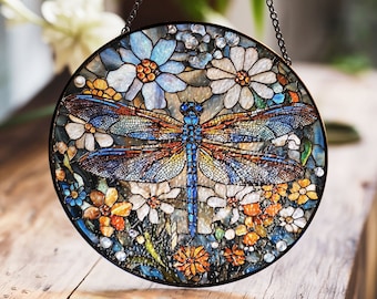 Stained Glass Dragonfly and Flowers Suncatcher – Colorful Nature-Themed Window Hanging Art