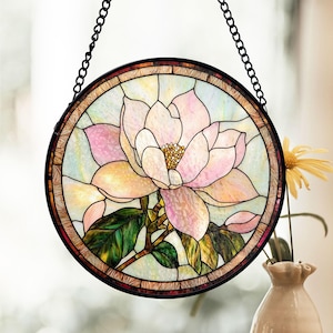 Magnolien-Blumen-Buntglas-Sonnenfänger, elegante rosa Blüte Fensterkunst, Blumen-Sonnenfänger, Blumendekor für Frauen, Geschenk zum Muttertag