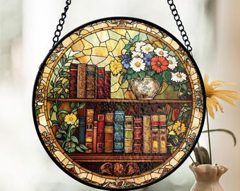 Bookshelf Stained Glass Suncatcher, Vintage Library Decor, Literary Stained Glass, Floral Book Nook Art, Window Hanging,Gift for Book Lovers