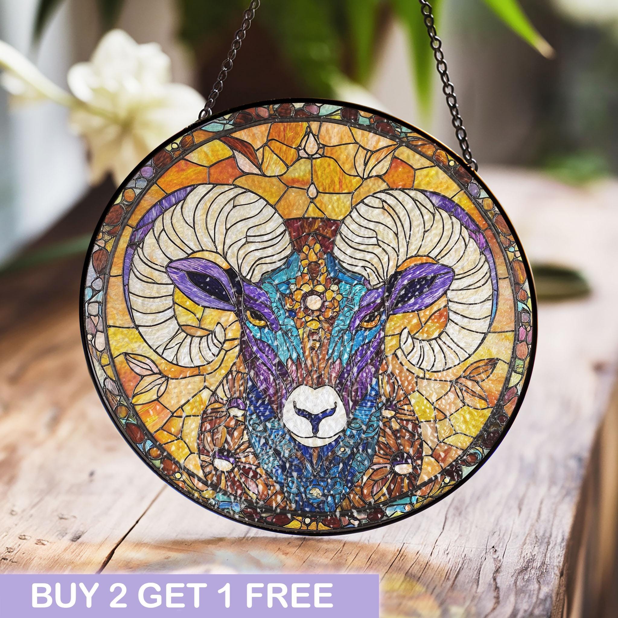 Majestic Ram Stained Glass Panel With Intricate Details and