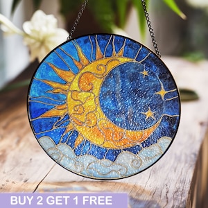 Stained Glass Sun and Moon Suncatcher – Celestial Window Hanging Art with Bright Colors and Clouds