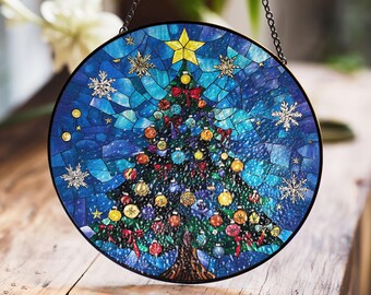 Stained Glass Christmas Tree with Ornaments and Snowflakes