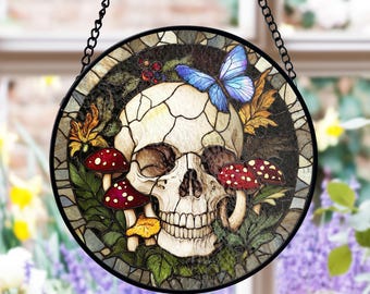 Skull and Mushroom Stained Glass Suncatcher, Butterfly Window Decor, Cottagecore Forest Style, Nature Lovers, Unique Gothic Gift