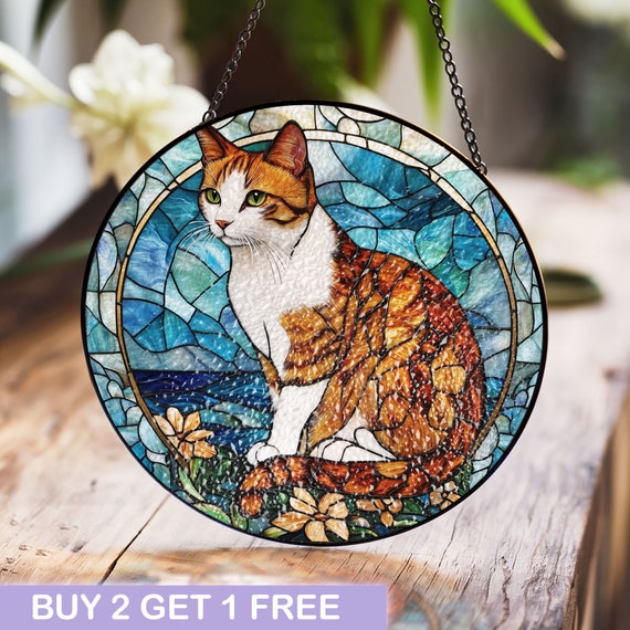 Orange and White Tabby Cat Stained Glass Panel – Vibrant Window