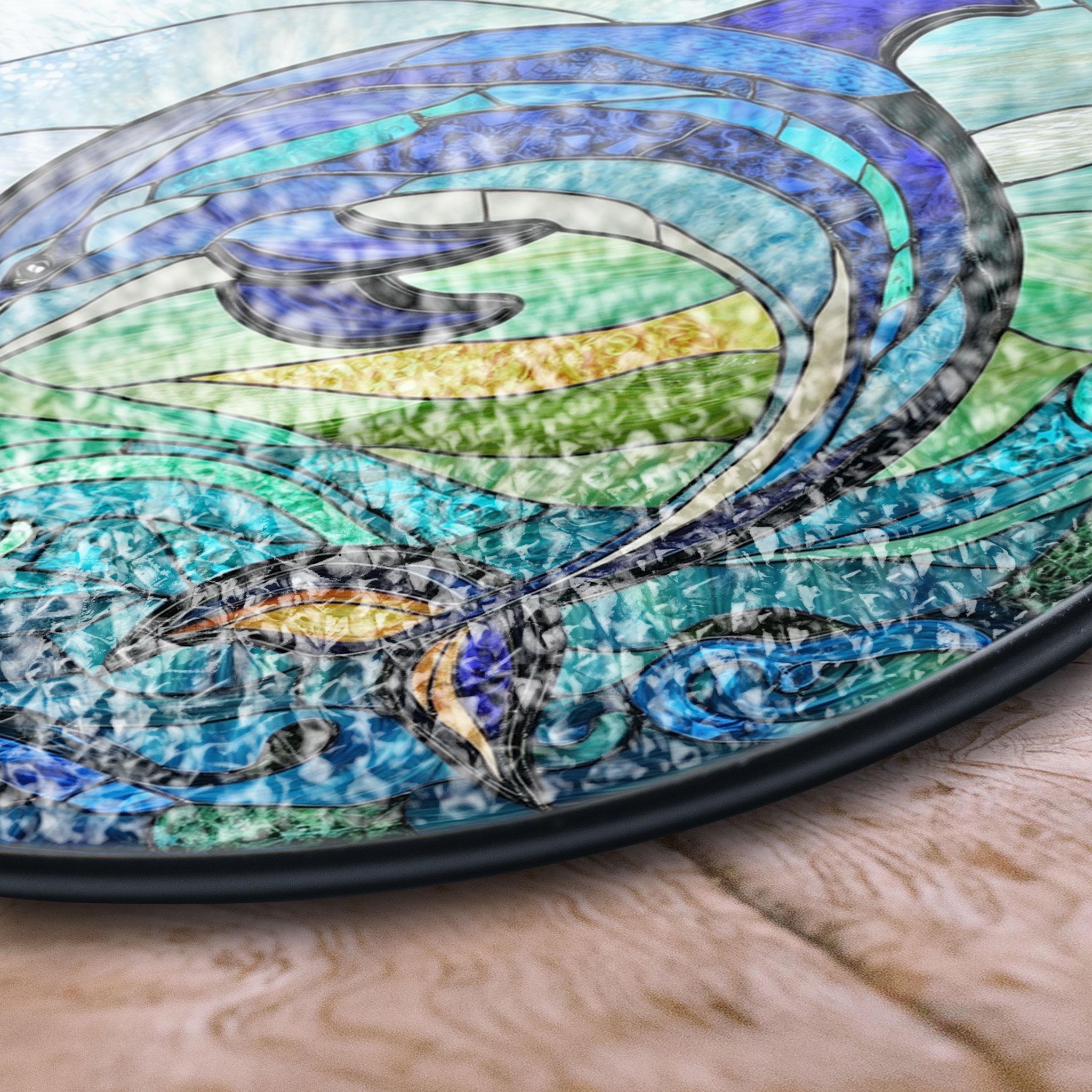 イルカのステンドグラスアートパネル - 海の波模様の円形窓掛け - Etsy