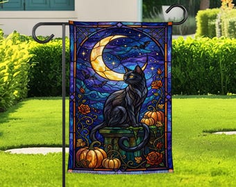Black Cat Garden Flag For Halloween Decor, Crescent Moon Pumpkin Yard Flag, Gothic Witchy Fall Garden Banner Gift For Cat Lovers