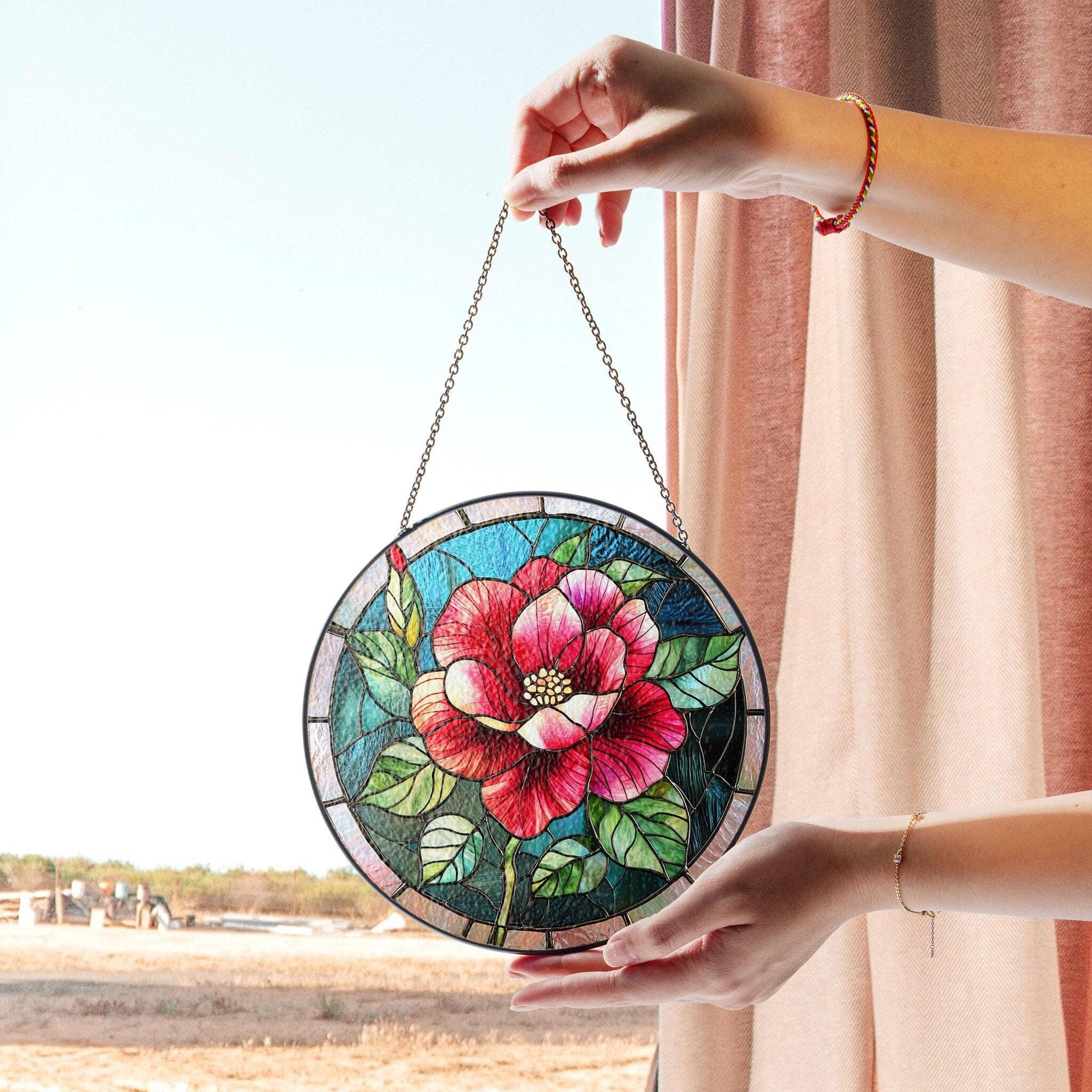 椿の花のステンドグラス、花のステンドグラス、花のサンキャッチャー