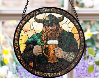 Atrapasueños de vitral con diseño de cerveza vikinga, decoración única para ventanas, temática de mitología nórdica, regalo para papá, idea para el Día del Padre.
