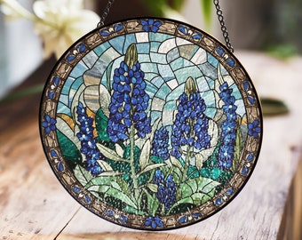 Bluebonnet Stained Glass Suncatcher, Floral Round Wall Art, Texas Wildflower Decor, Botanical Style, Nature Lovers, Garden Gift