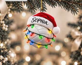 Custom Volleyball Ball Wearing Santa Hat Twinkle String Lights Bauble, Team Athlete Sports Player Keepsake Pendant, Gift for Girl