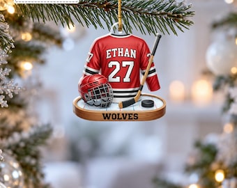 Custom Red Ice Hockey Jersey Helmet Stick Puck Rink Bauble, Youth Sports Team Player Keepsake Pendant, Gift for Son