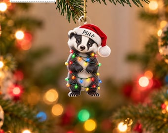 Custom Cute Badger Wearing Santa Hat String Lights Bauble, Adorable Woodland Animal Pet Keepsake Pendant, Gift for Kids