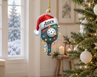 Custom Pickleball Paddle and Ball Santa Hat Twinkle Lights Bauble, Sports Court Player Keepsake Pendant, Gift for Friend
