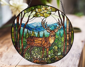 Stained Glass Window Panel with Majestic Deer in Mountain Forest