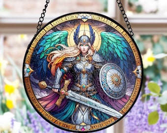 Valkyrie Stained Glass Suncatcher, Winged Warrior Shield Wall Decor, Norse Goddess Theme, Fantasy Lover Gift, Strong Women Gift