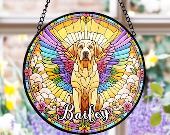 Custom Name Labrador Retriever Stained Glass Suncatcher, Custom Name Pet Memorial, Angel Wings Theme, Dog Lovers, Pet Loss Gift