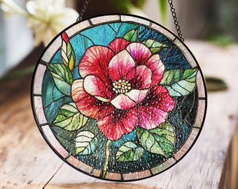 椿の花のステンドグラス、花のステンドグラス、花のサンキャッチャー