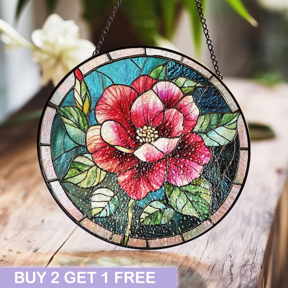椿の花のステンドグラス、花のステンドグラス、花のサンキャッチャー