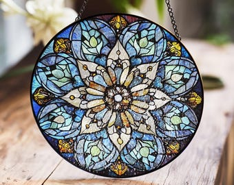 Mandala glas-in-loodpaneel - elegant blauw en goud bloemdessin rond raam hangend