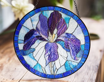 Elegant Iris Flower Stained Glass Suncatcher - Floral Art Decor with Blue and Purple Petals
