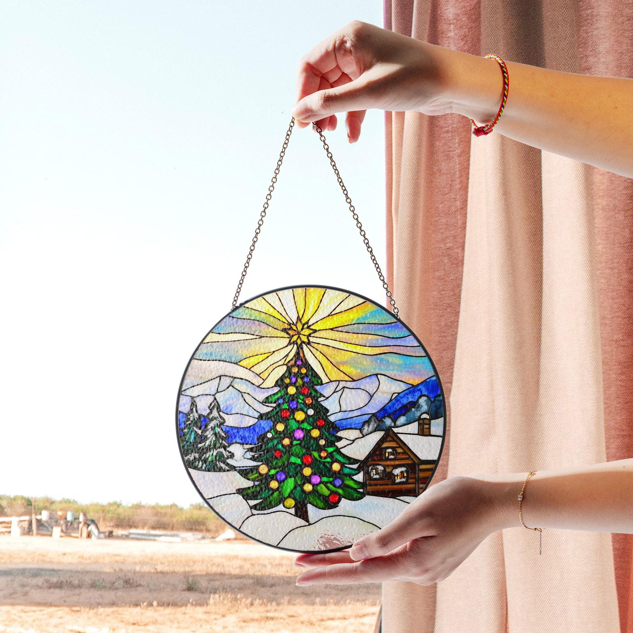 Vibrant Christmas Tree Stained Glass Panel With Snowy Cabin and Starry ...