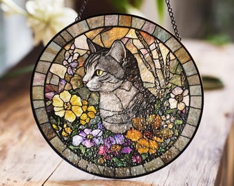 グレーのトラ猫のステンドグラスサンキャッチャー、花柄の窓飾り