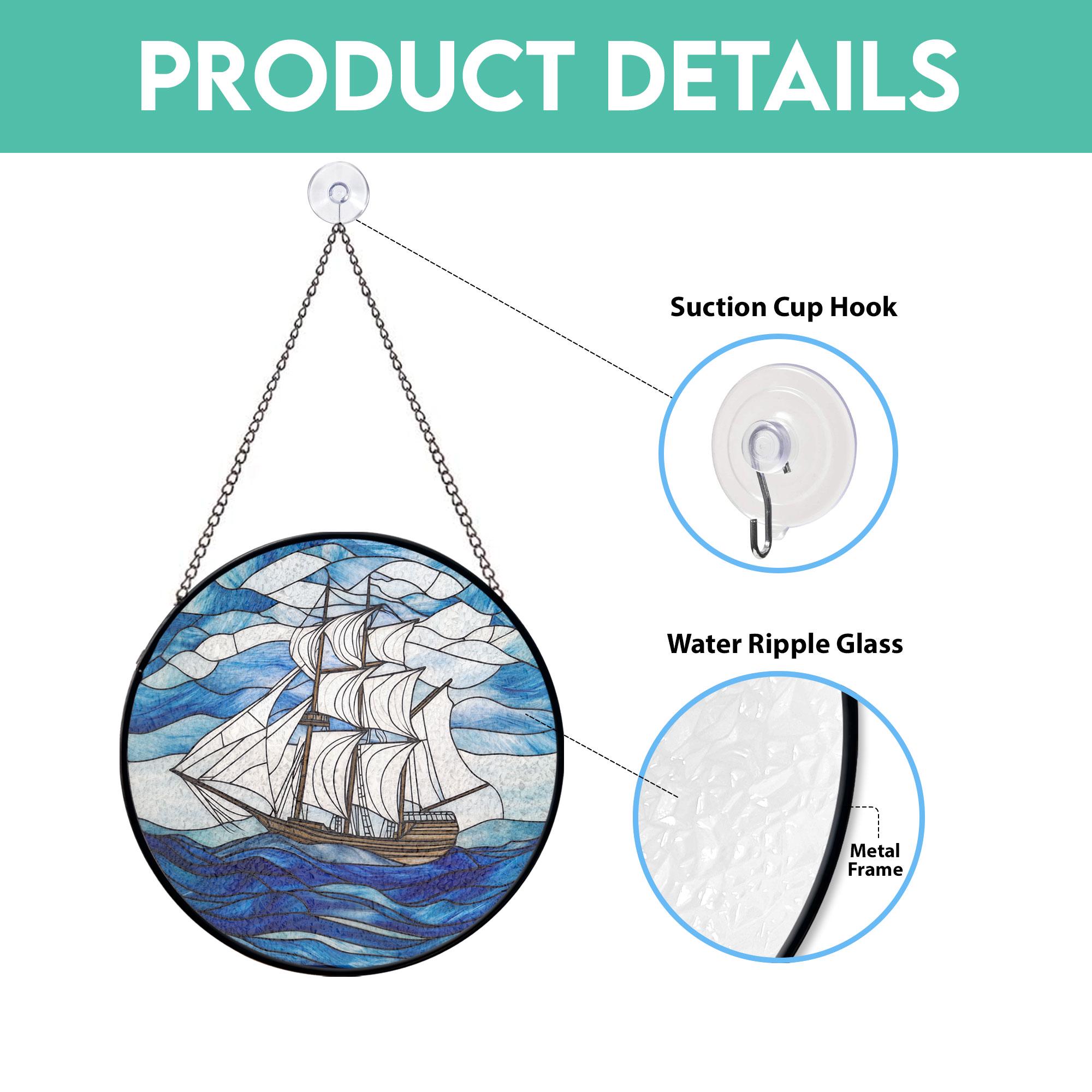 海の波と青い空を描いたステンドグラスの帆船パネル、航海用の窓や壁の