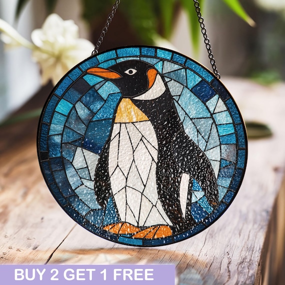 Penguin Stained Glass Window Hanging - Vibrant Antarctic Art Decor